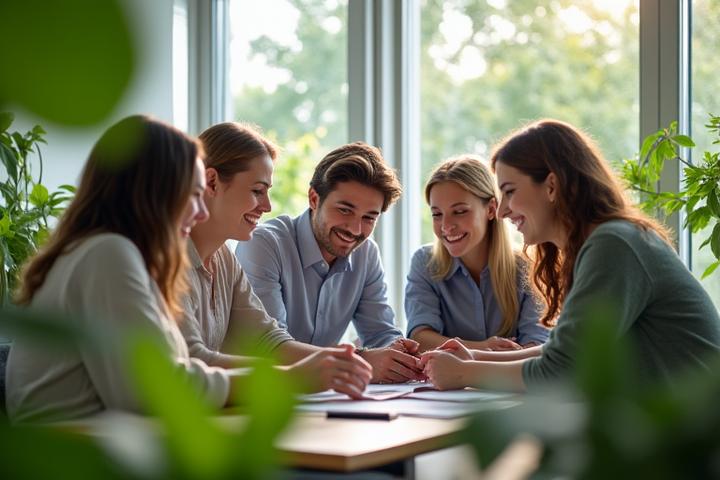 Diverse group of professionals collaborating in a modern, plant-filled office space, engaged in discussion and problem-solving.
