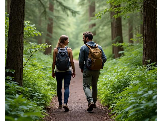 Couple hiking on a trail in Forest Park, Portland, demonstrating active outdoor lifestyle.