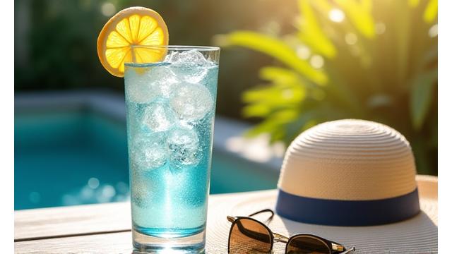 A glass of water with ice and lemon, next to a wide-brimmed hat and sunglasses, on a sunny patio, symbolizing summer hydration and protection.
